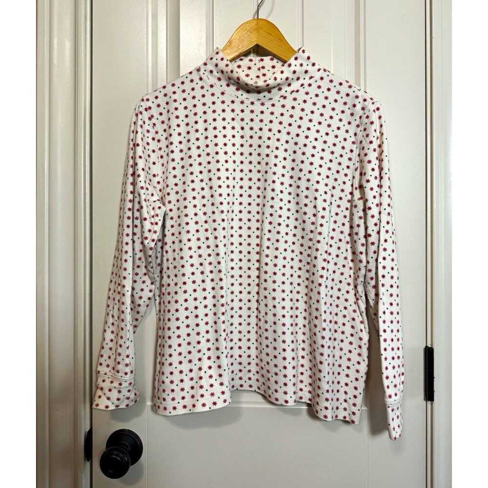 Lands End Women Medium Mock Neck Top Snowflake Cotton Long Sleeve Christmas Top